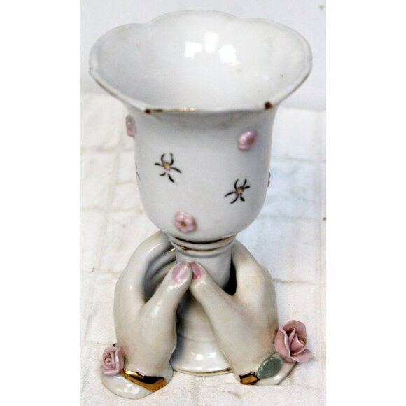 Vtg 50s Lefton China Bud Vase Womans Lady Hands Holding Cup Pink Rose 5" - Picture 6 of 11